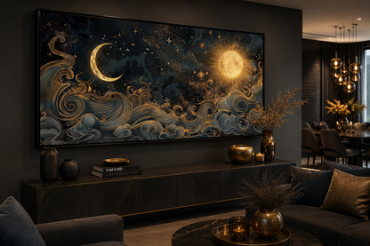 Sun Moon Wall Art – Black Gold Canvas | Framed Celestial Decor for Bedroom