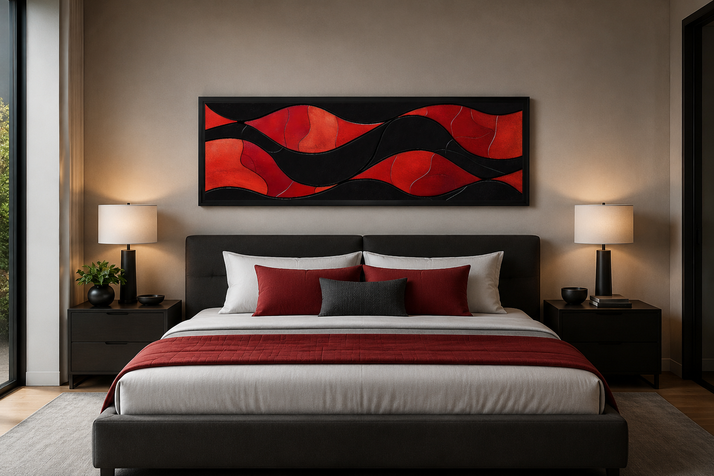 Black Red Modern Abstract Above Bed Horizontal Framed Canvas Wall Art