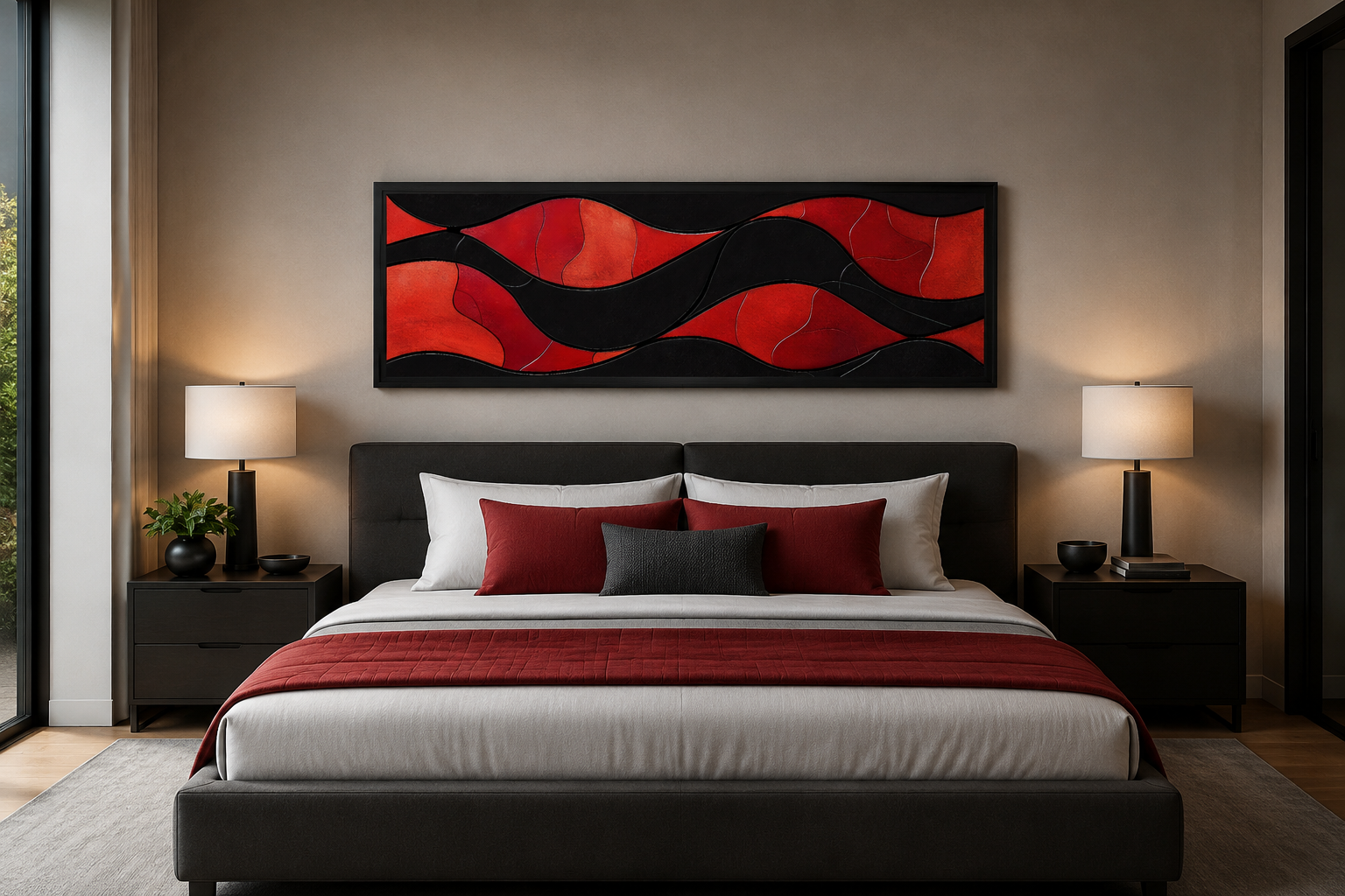 Black Red Modern Abstract Above Bed Horizontal Framed Canvas Wall Art