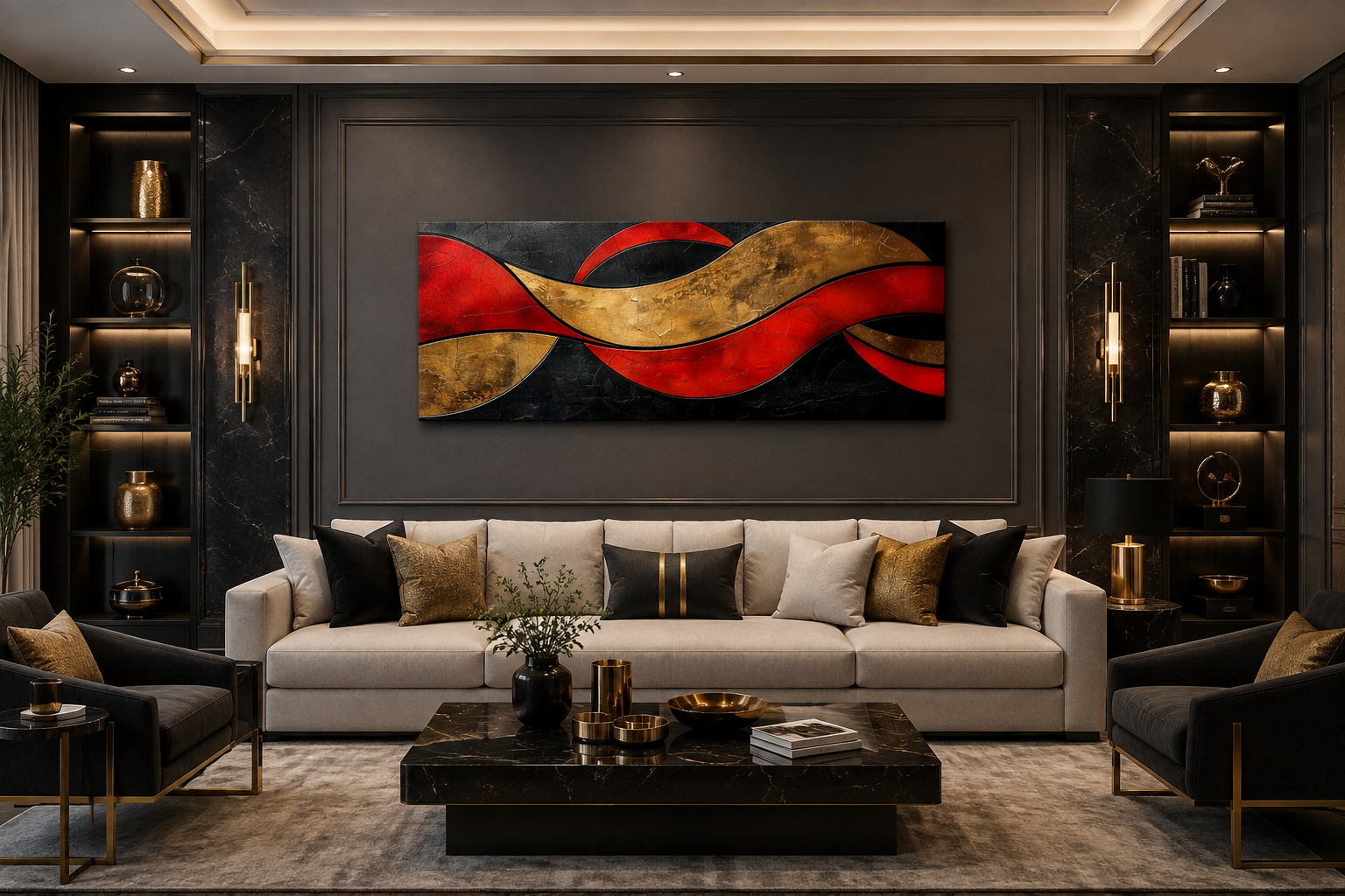 Black Red Gold Geometric Modern Horizontal Above Bed Wall Art