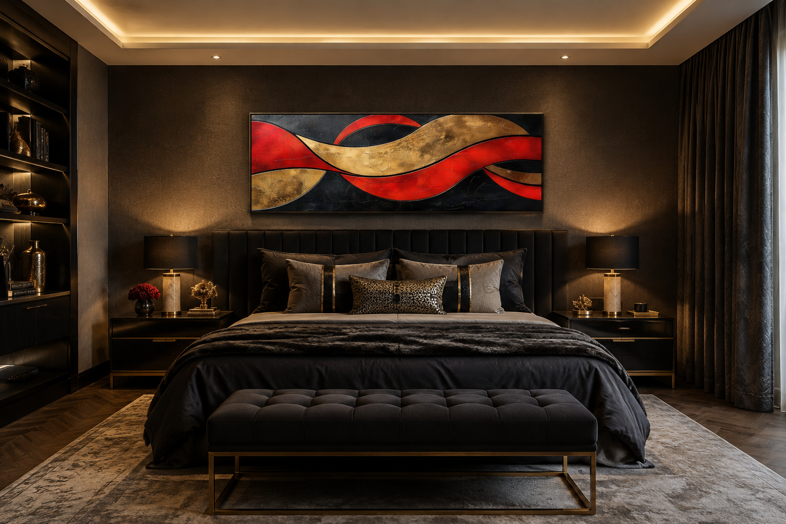 Black Red Gold Geometric Modern Horizontal Above Bed Wall Art
