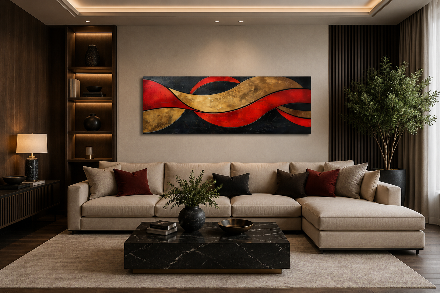 Black Red Gold Geometric Modern Horizontal Above Bed Wall Art