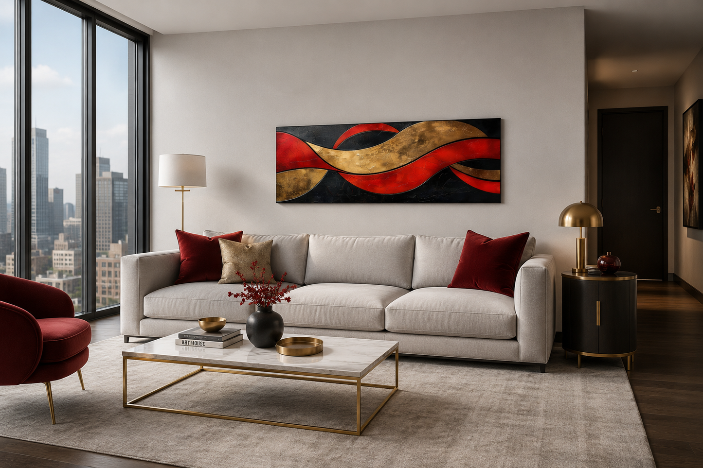 Black Red Gold Geometric Modern Horizontal Above Bed Wall Art