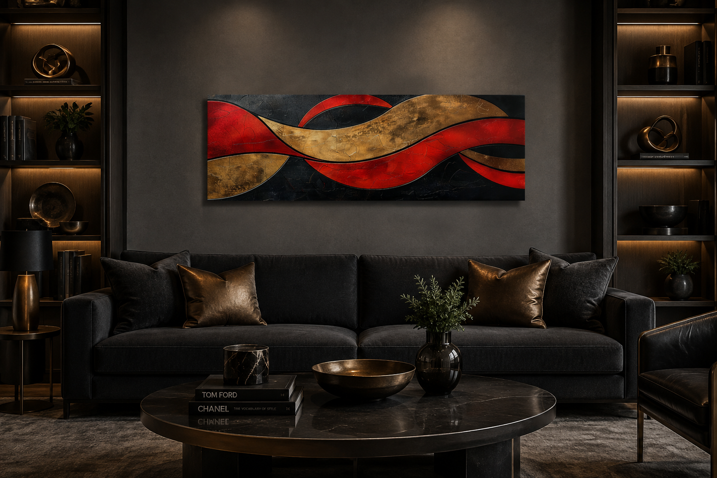 Black Red Gold Geometric Modern Horizontal Above Bed Wall Art