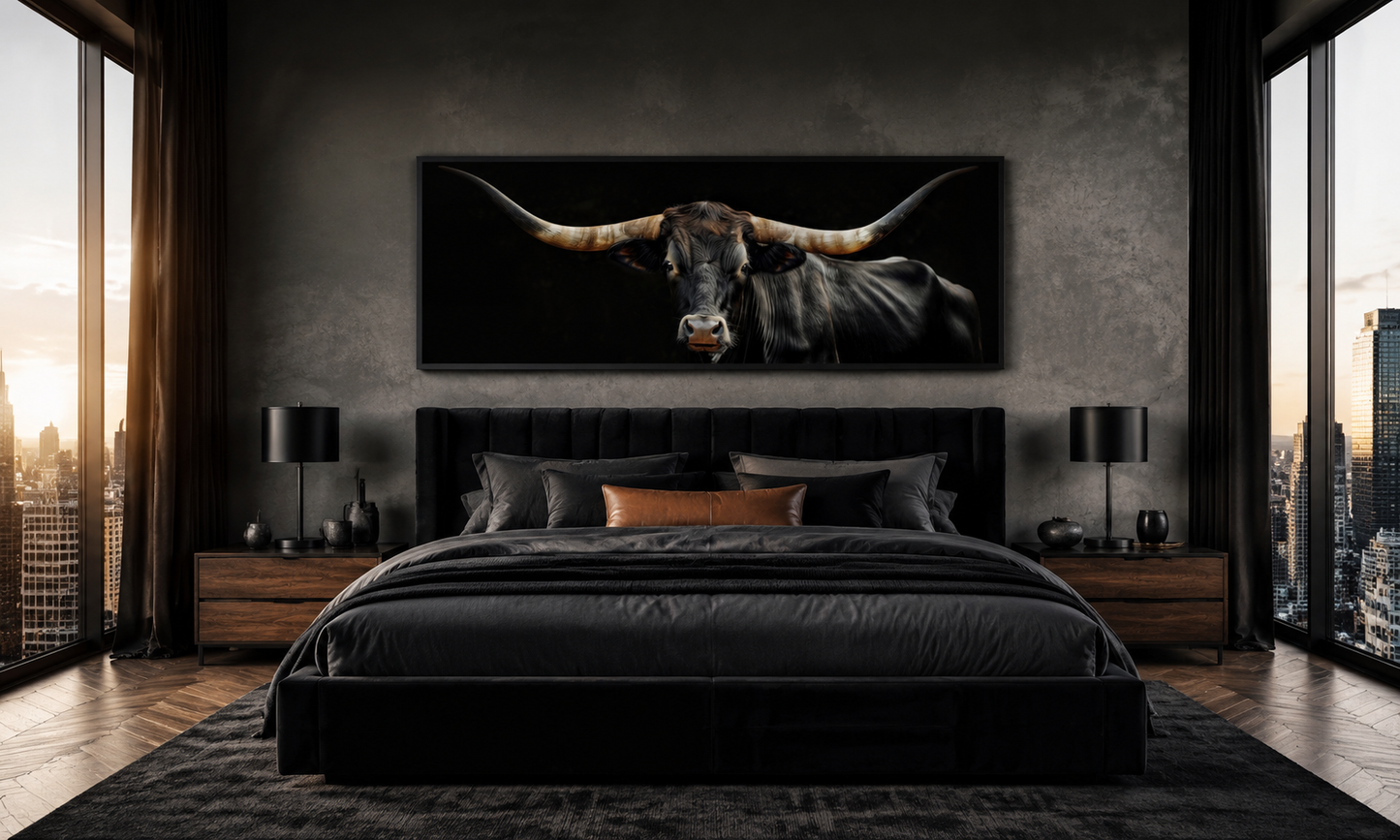 Black Texas Longhorn Cow Long Horizontal Framed Canvas Wall Art