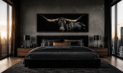 Black Texas Longhorn Cow Long Horizontal Framed Canvas Wall Art