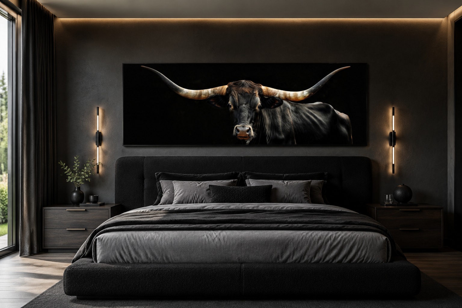 Black Texas Longhorn Cow Long Horizontal Framed Canvas Wall Art