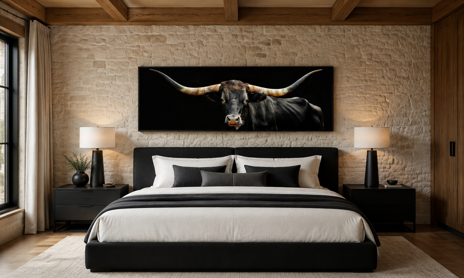 Black Texas Longhorn Cow Long Horizontal Framed Canvas Wall Art