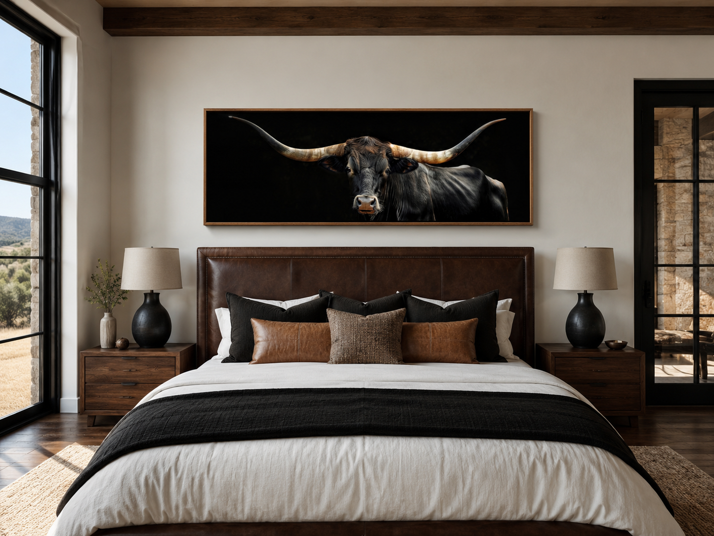 Black Texas Longhorn Cow Long Horizontal Framed Canvas Wall Art