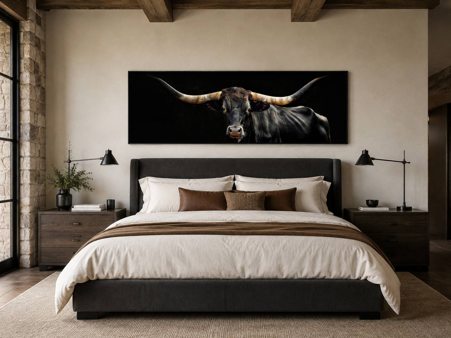 Black Texas Longhorn Cow Long Horizontal Framed Canvas Wall Art
