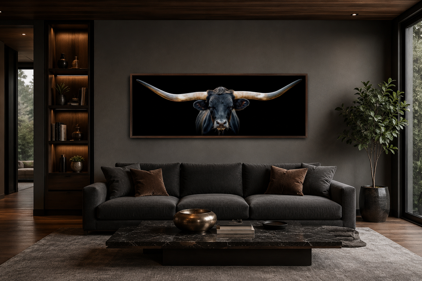 Black Texas Longhorn Steer Panoramic Above Couch Framed Canvas Wall Art