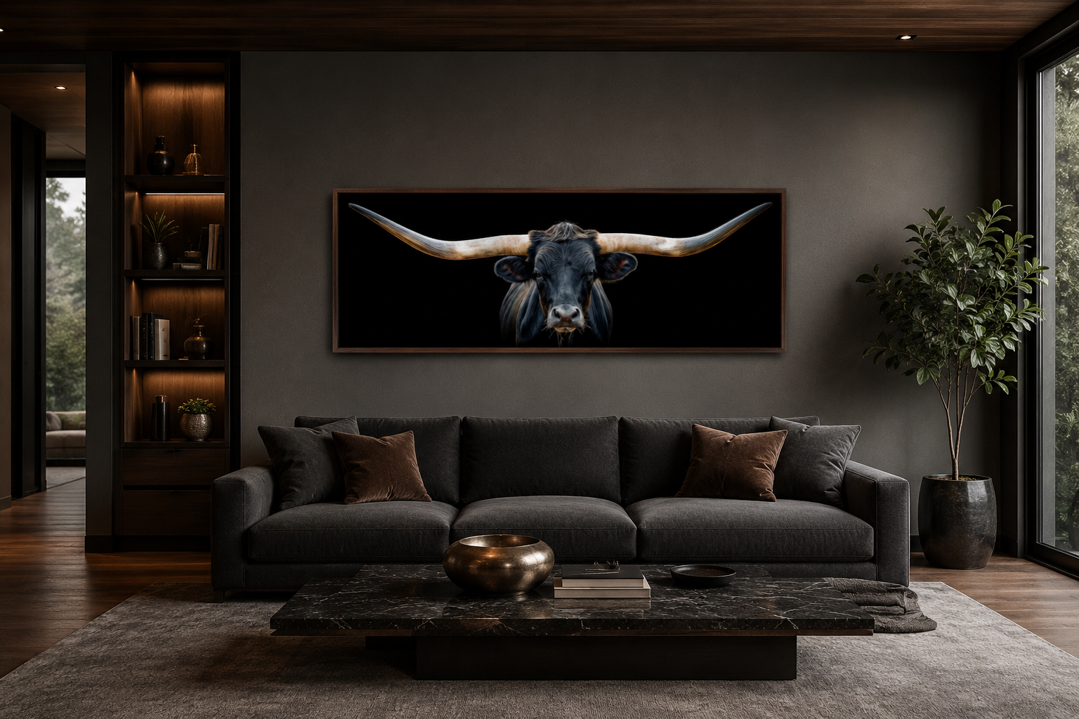 Black Texas Longhorn Steer Panoramic Above Couch Framed Canvas Wall Art