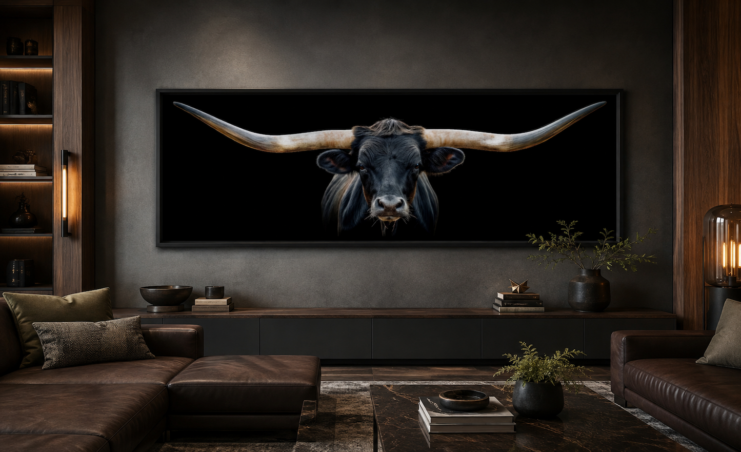Black Texas Longhorn Steer Panoramic Above Couch Framed Canvas Wall Art