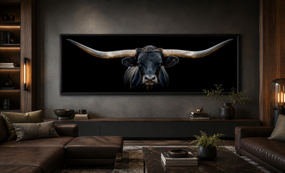 Black Texas Longhorn Steer Panoramic Above Couch Framed Canvas Wall Art