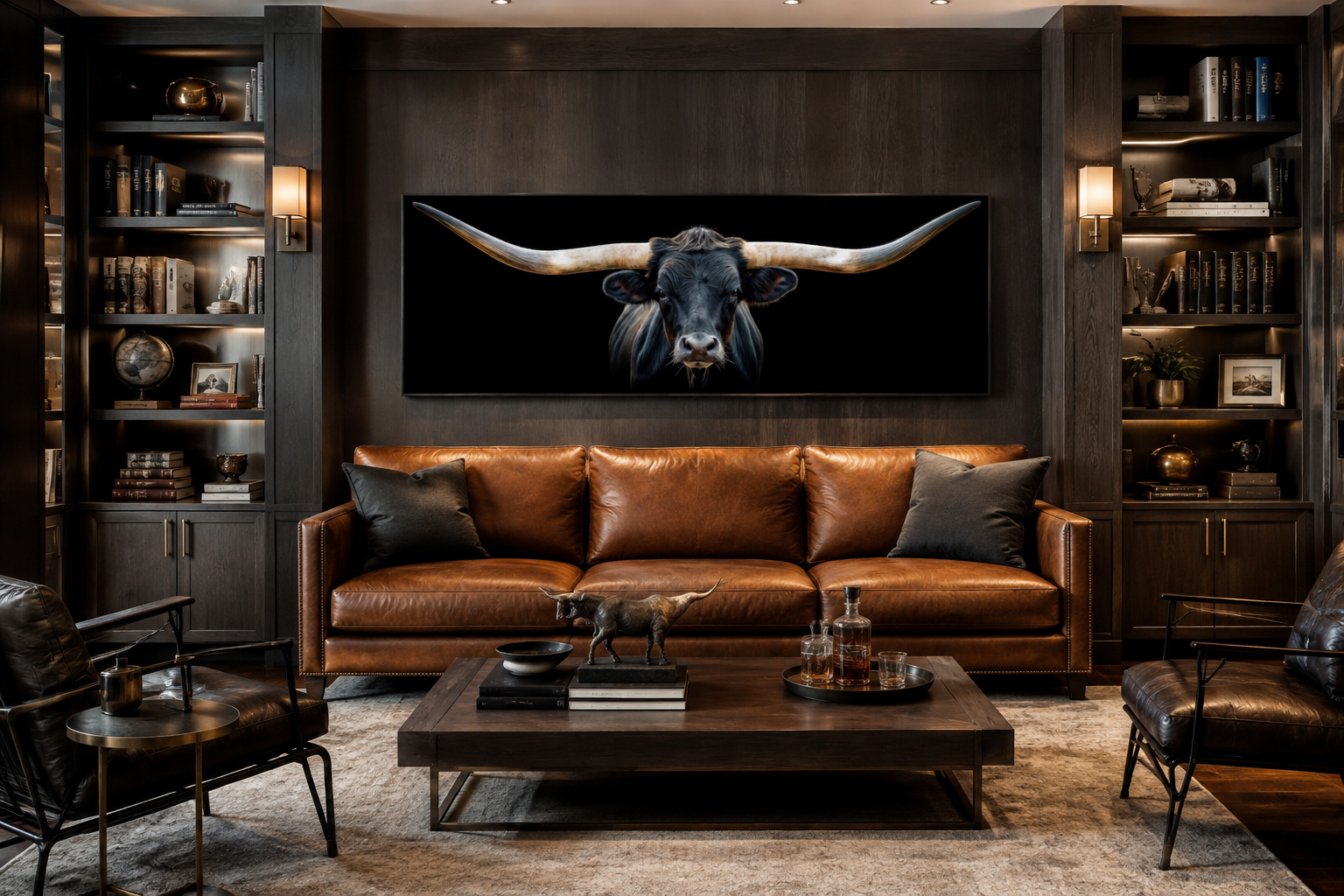 Black Texas Longhorn Steer Panoramic Above Couch Framed Canvas Wall Art