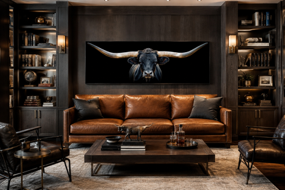 Black Texas Longhorn Steer Panoramic Above Couch Framed Canvas Wall Art