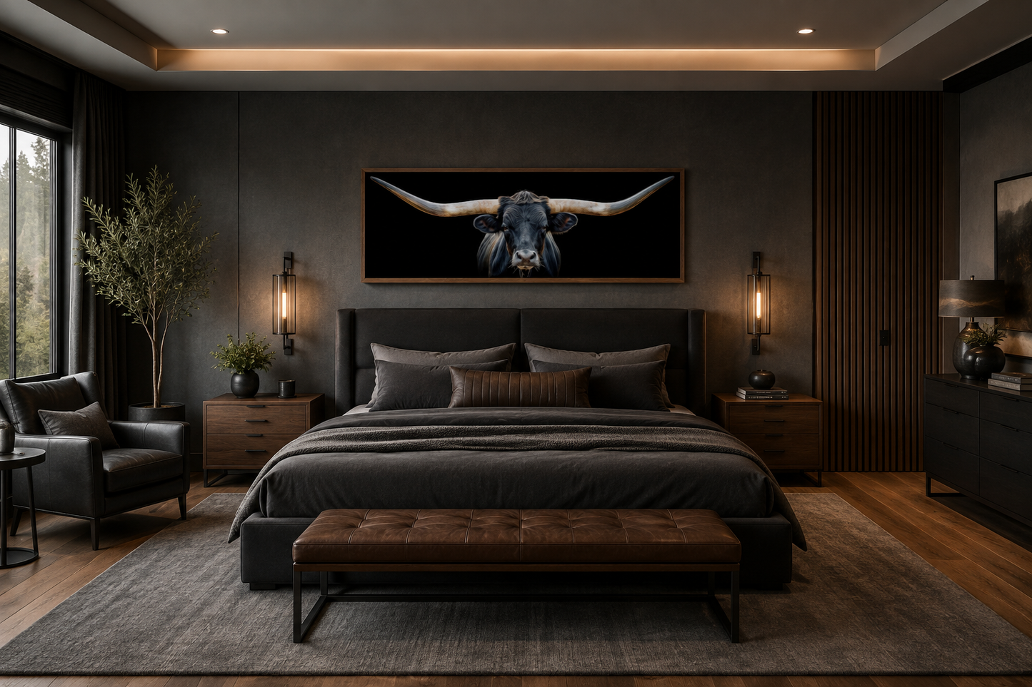 Black Texas Longhorn Steer Panoramic Above Couch Framed Canvas Wall Art