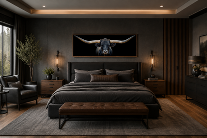Black Texas Longhorn Steer Panoramic Above Couch Framed Canvas Wall Art