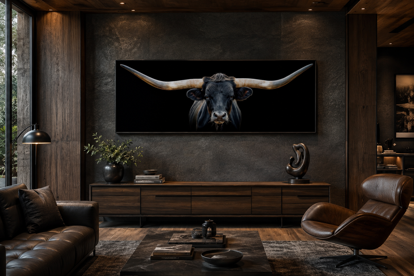 Black Texas Longhorn Steer Panoramic Above Couch Framed Canvas Wall Art
