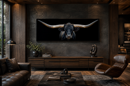 Black Texas Longhorn Steer Panoramic Above Couch Framed Canvas Wall Art