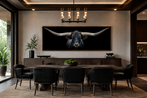 Black Texas Longhorn Steer Panoramic Above Couch Framed Canvas Wall Art