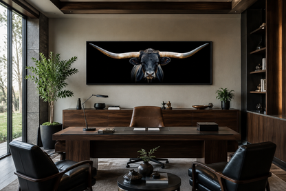 Black Texas Longhorn Steer Panoramic Above Couch Framed Canvas Wall Art