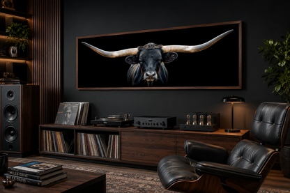 Black Texas Longhorn Steer Panoramic Above Couch Framed Canvas Wall Art