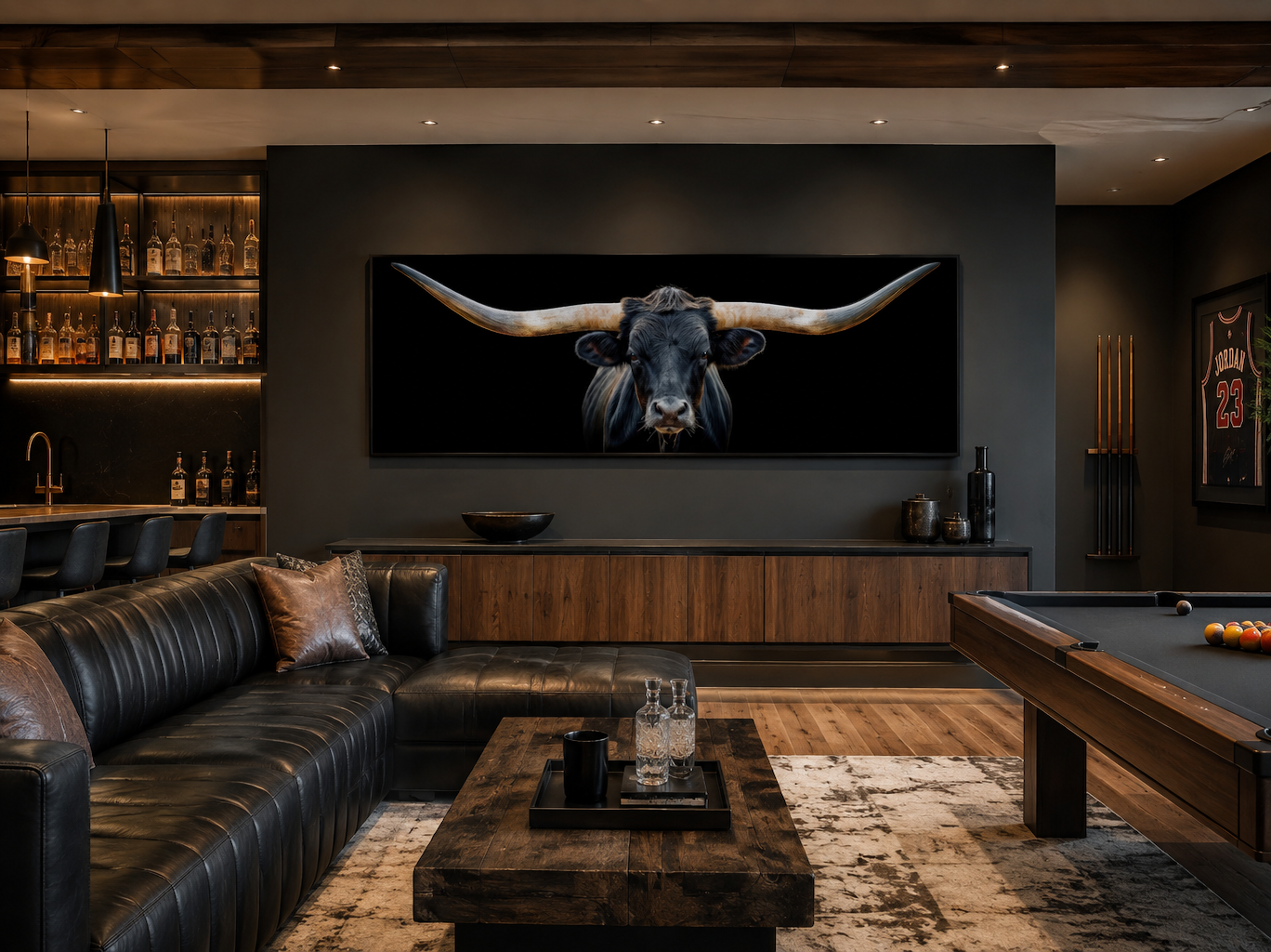 Black Texas Longhorn Steer Panoramic Above Couch Framed Canvas Wall Art