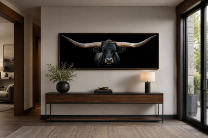 Black Texas Longhorn Steer Panoramic Above Couch Framed Canvas Wall Art
