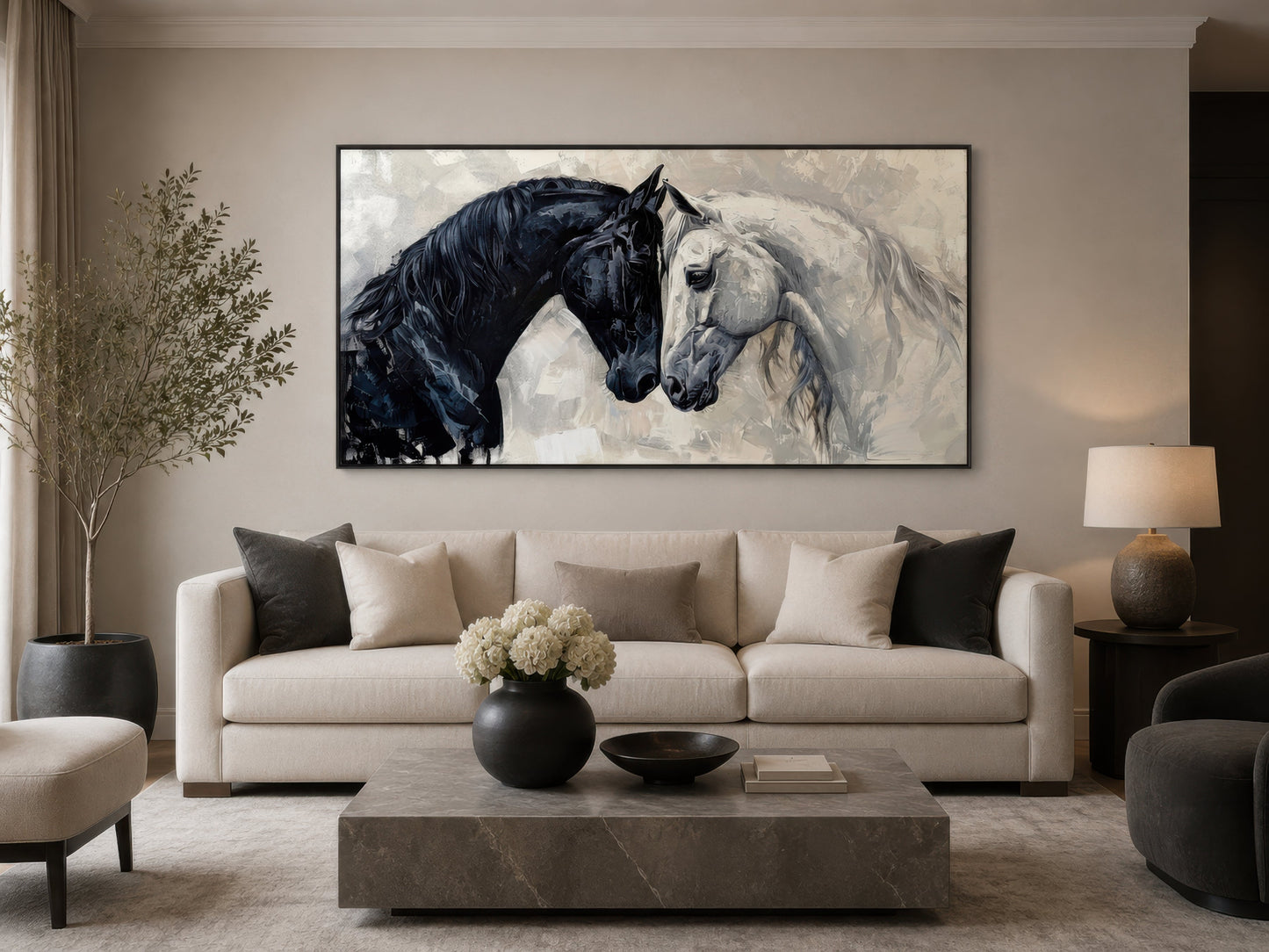 Black White Horses Art – Framed Canvas Wall Art for Modern Minimalist Decor
