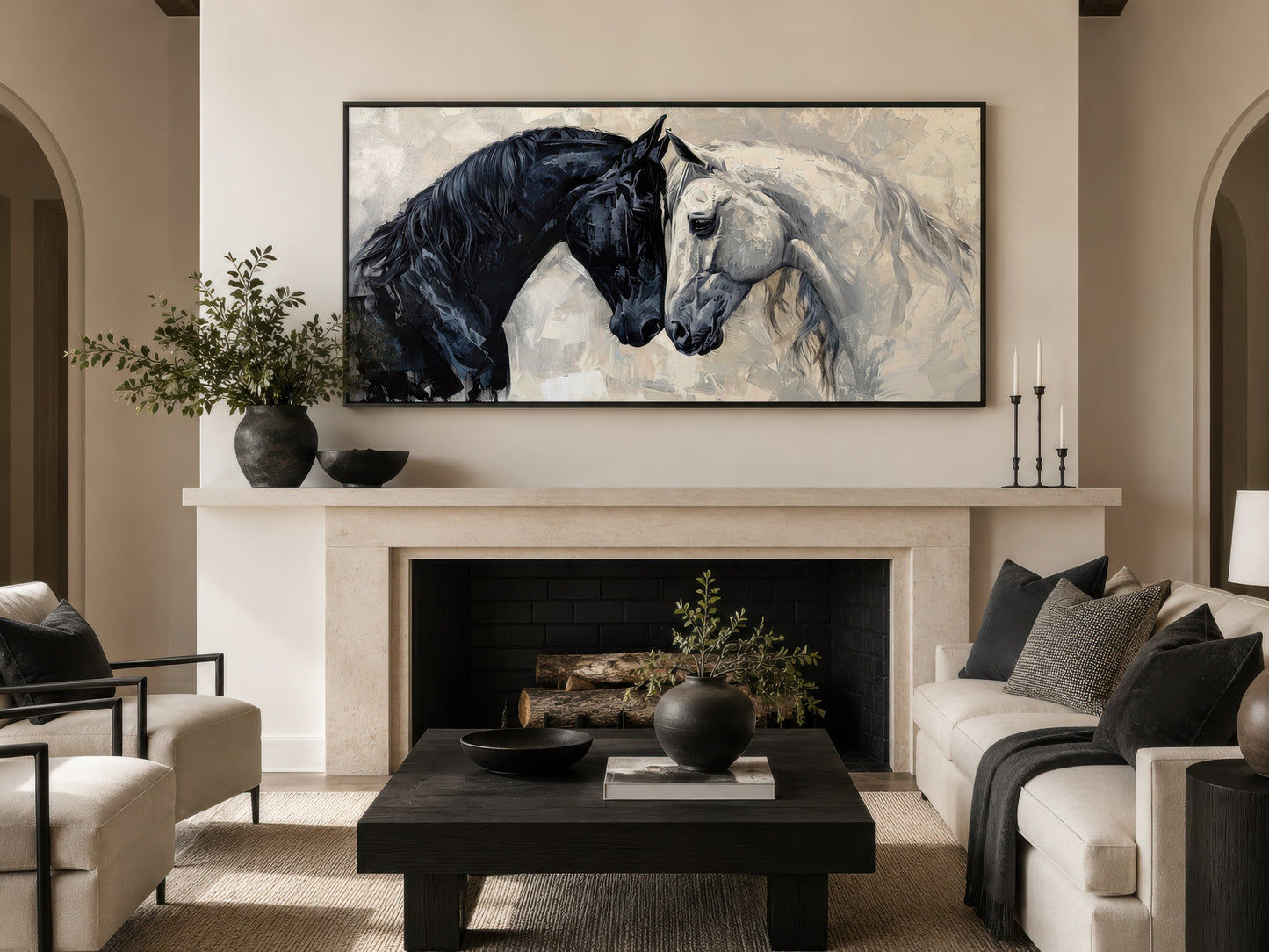 Black White Horses Art – Framed Canvas Wall Art for Modern Minimalist Decor