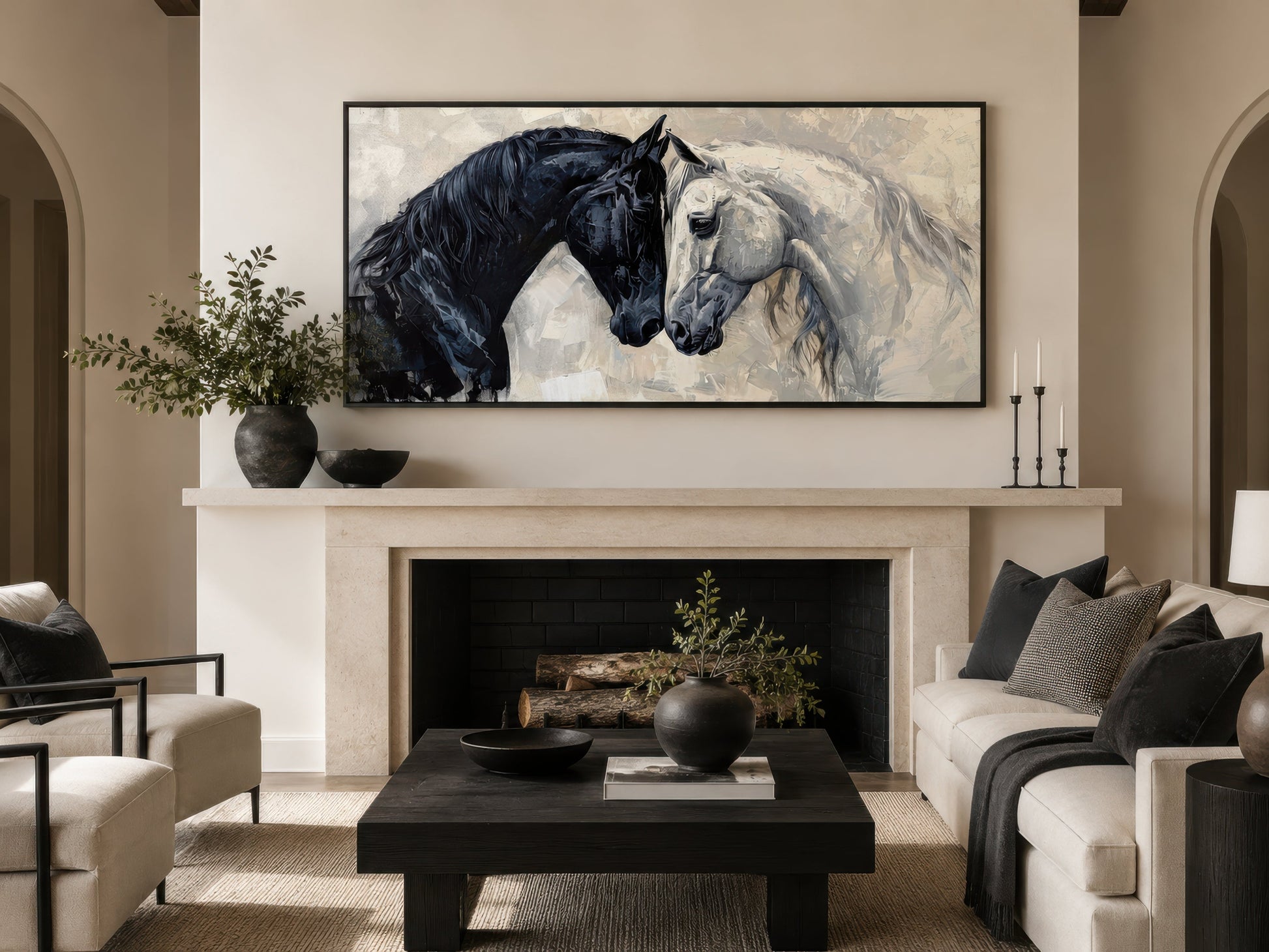 Black White Horses Art – Framed Canvas Wall Art for Modern Minimalist Decor