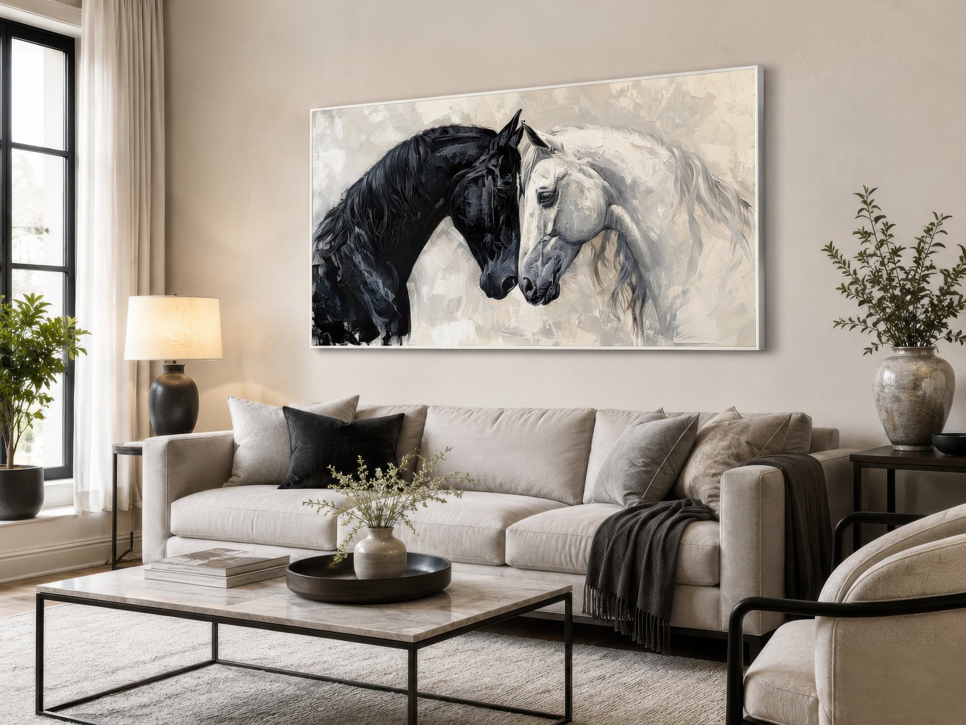 Black White Horses Art – Framed Canvas Wall Art for Modern Minimalist Decor