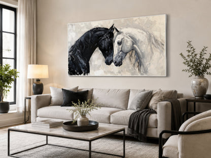Black White Horses Art – Framed Canvas Wall Art for Modern Minimalist Decor