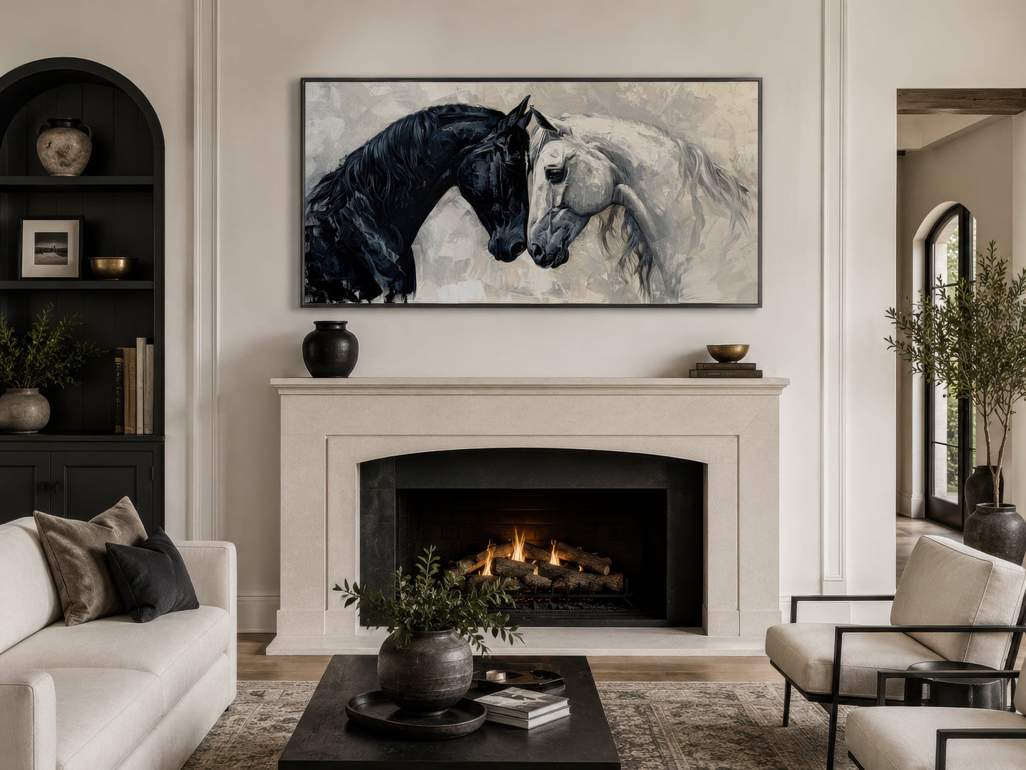 Black White Horses Art – Framed Canvas Wall Art for Modern Minimalist Decor