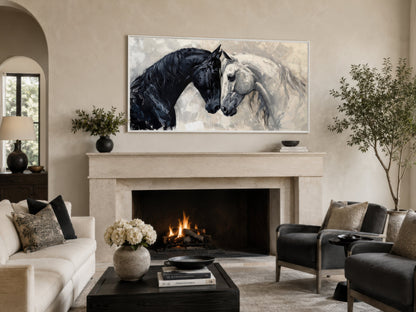 Black White Horses Art – Framed Canvas Wall Art for Modern Minimalist Decor