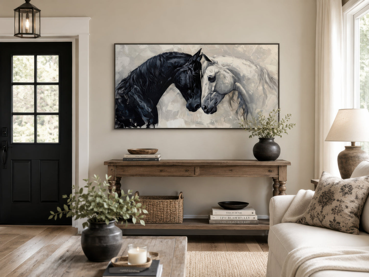 Black White Horses Art – Framed Canvas Wall Art for Modern Minimalist Decor