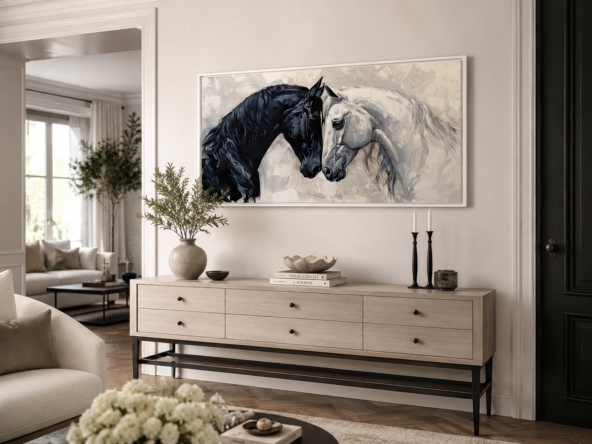 Black White Horses Art – Framed Canvas Wall Art for Modern Minimalist Decor