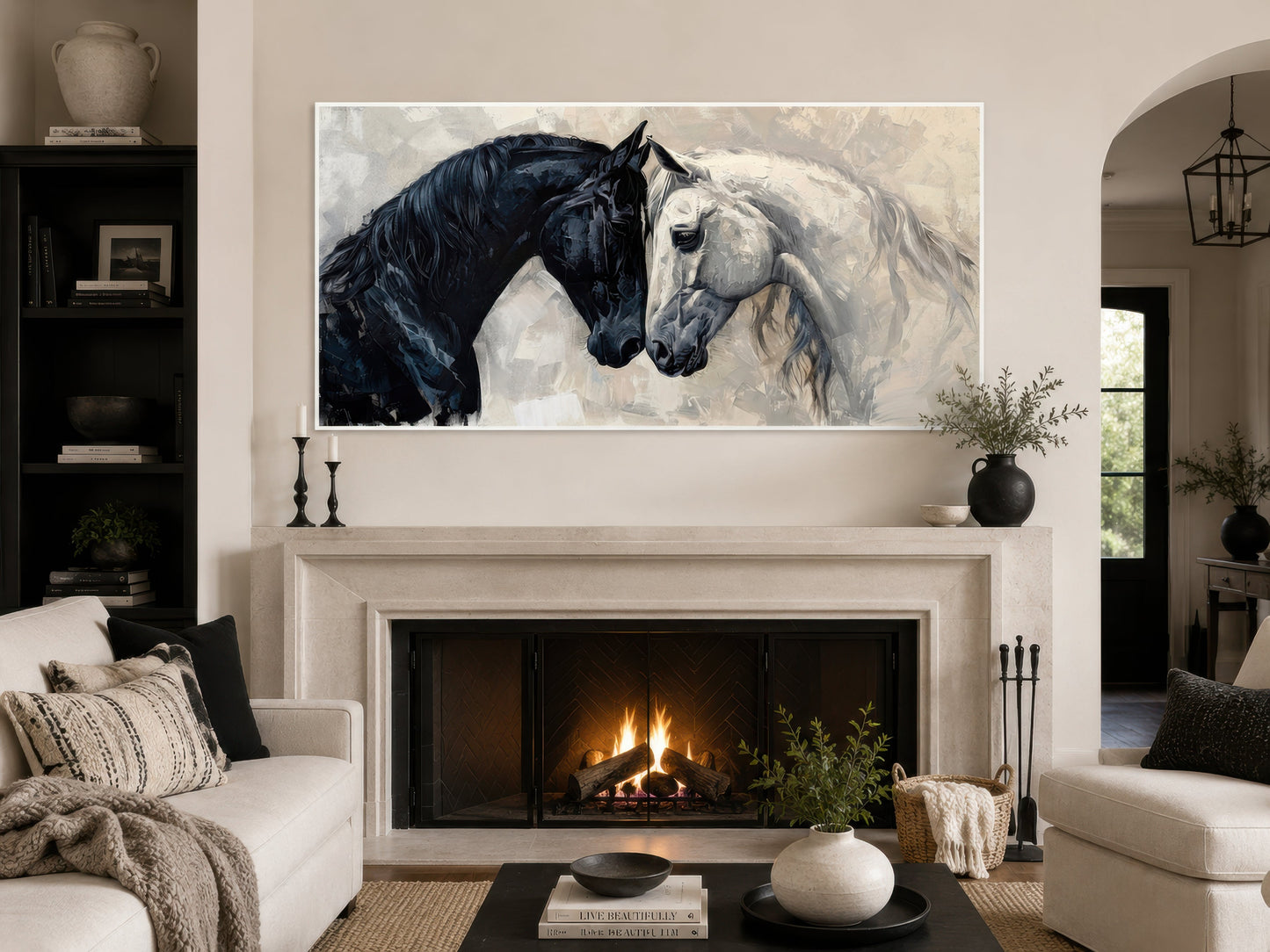 Black White Horses Art – Framed Canvas Wall Art for Modern Minimalist Decor