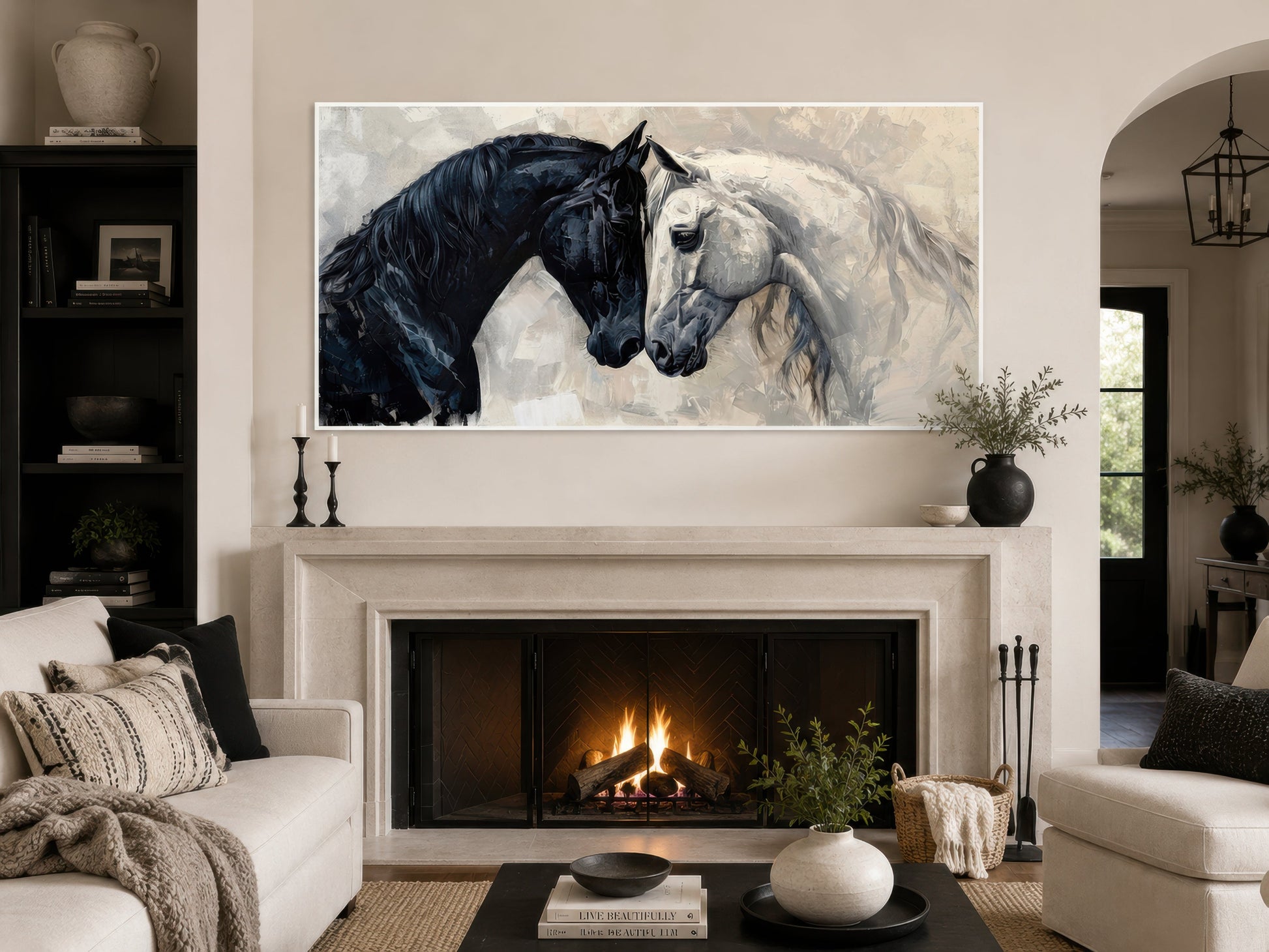 Black White Horses Art – Framed Canvas Wall Art for Modern Minimalist Decor