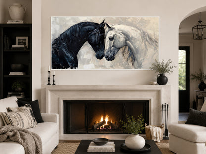Black White Horses Art – Framed Canvas Wall Art for Modern Minimalist Decor