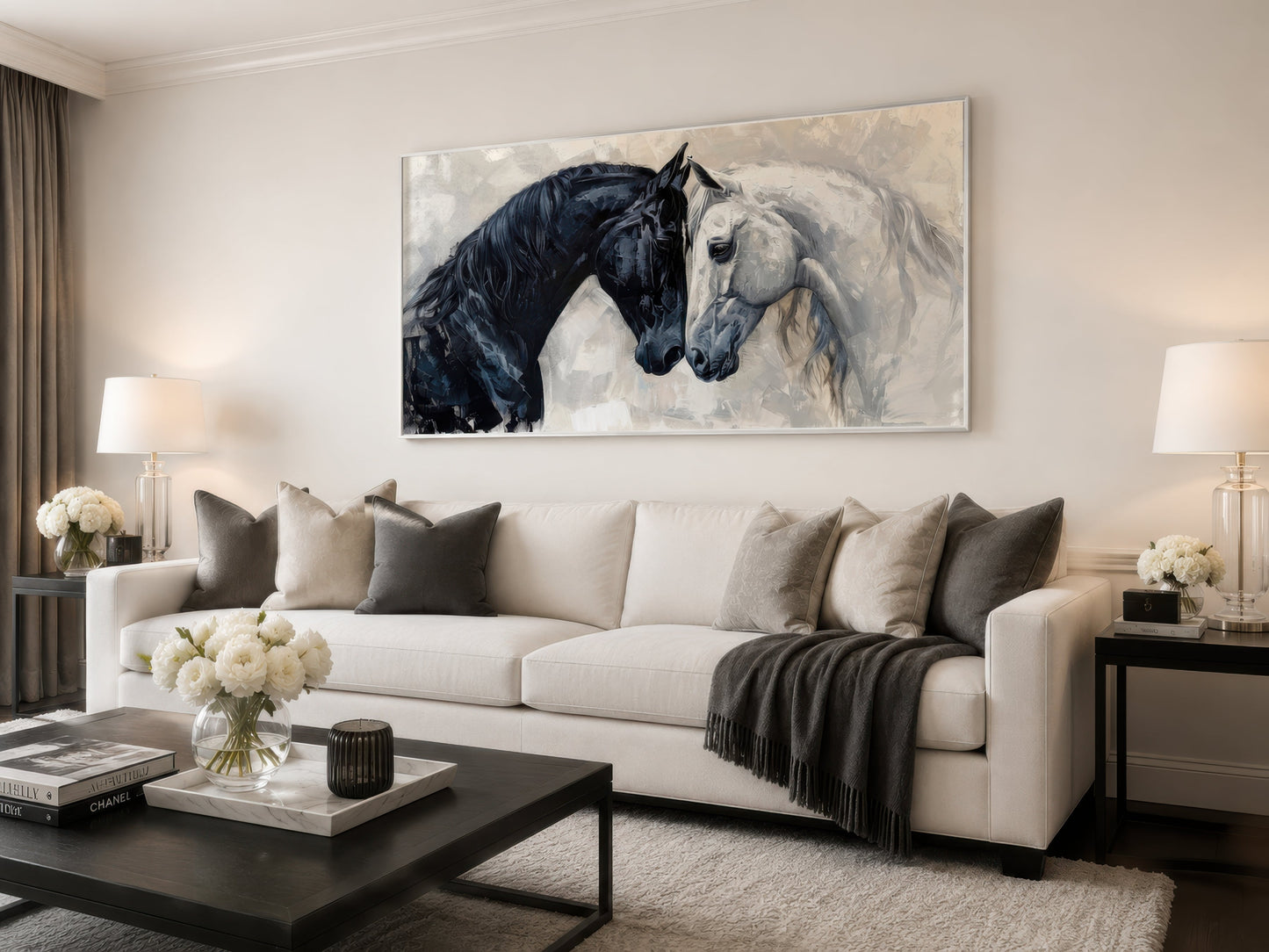 Black White Horses Art – Framed Canvas Wall Art for Modern Minimalist Decor