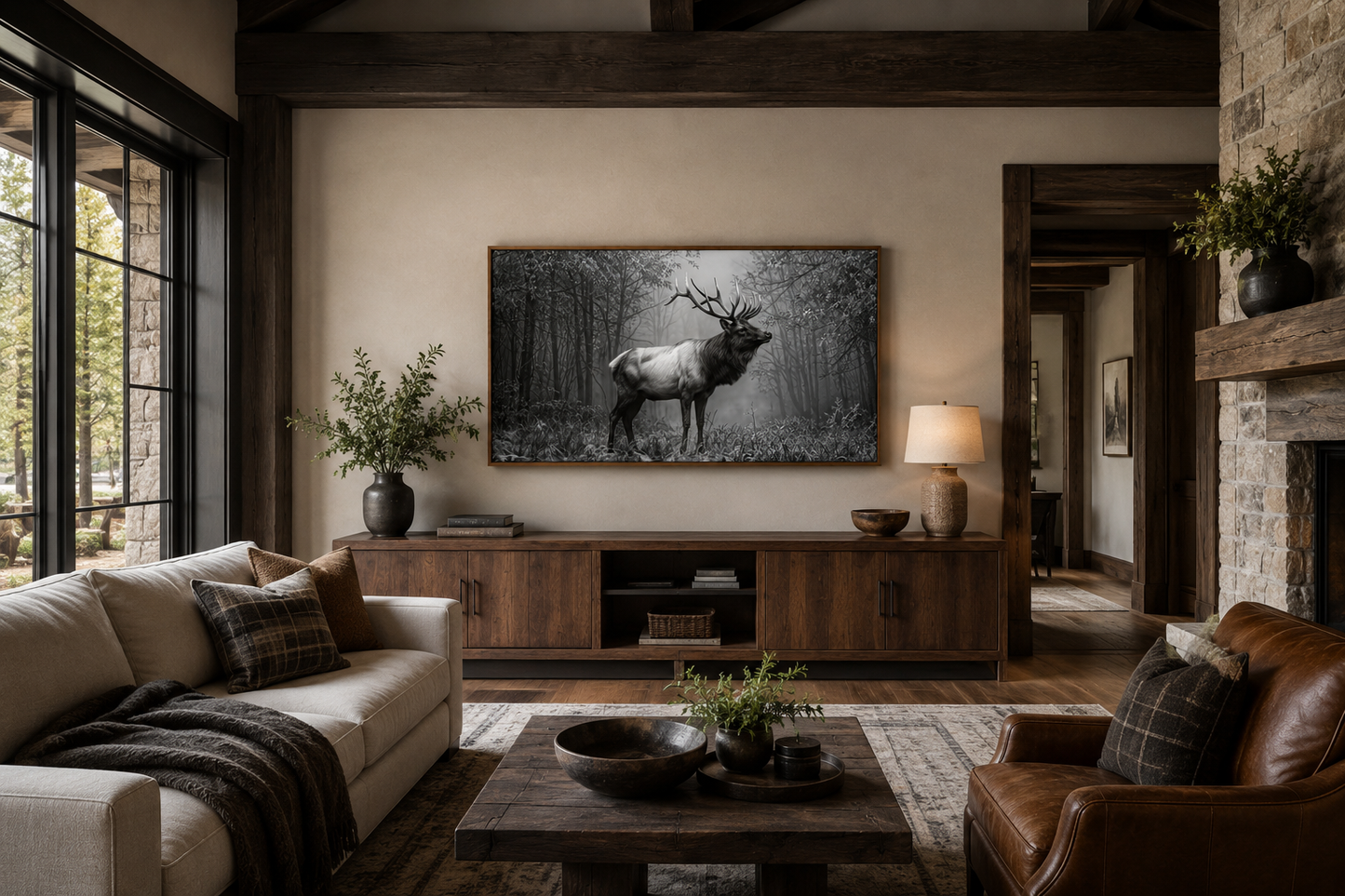 Elk Stag In The Forest Black White Photography Framed Canvas Wall Art