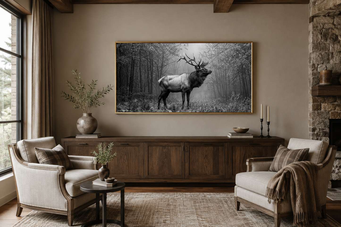 Elk Stag In The Forest Black White Photography Framed Canvas Wall Art