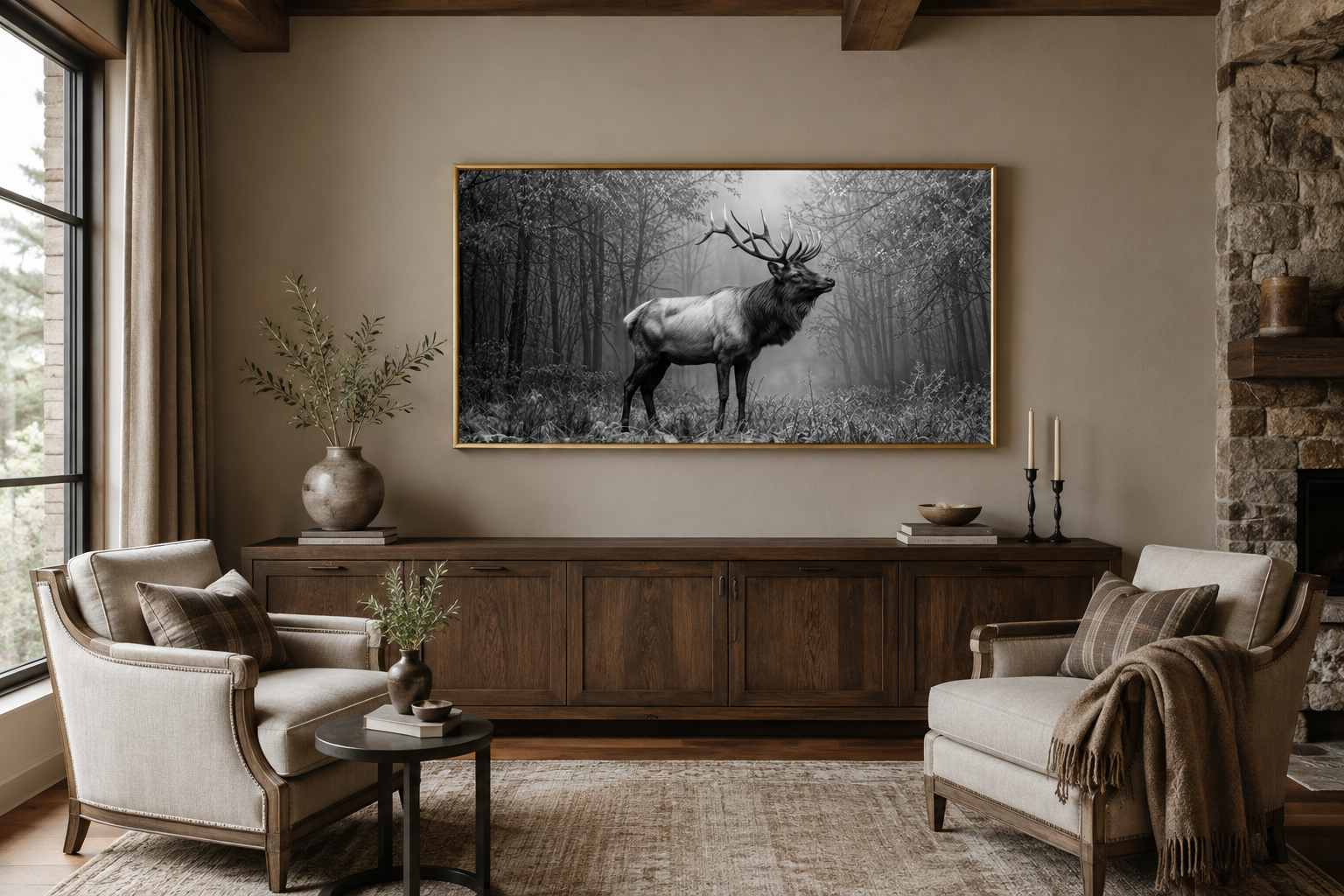 Elk Stag In The Forest Black White Photography Framed Canvas Wall Art