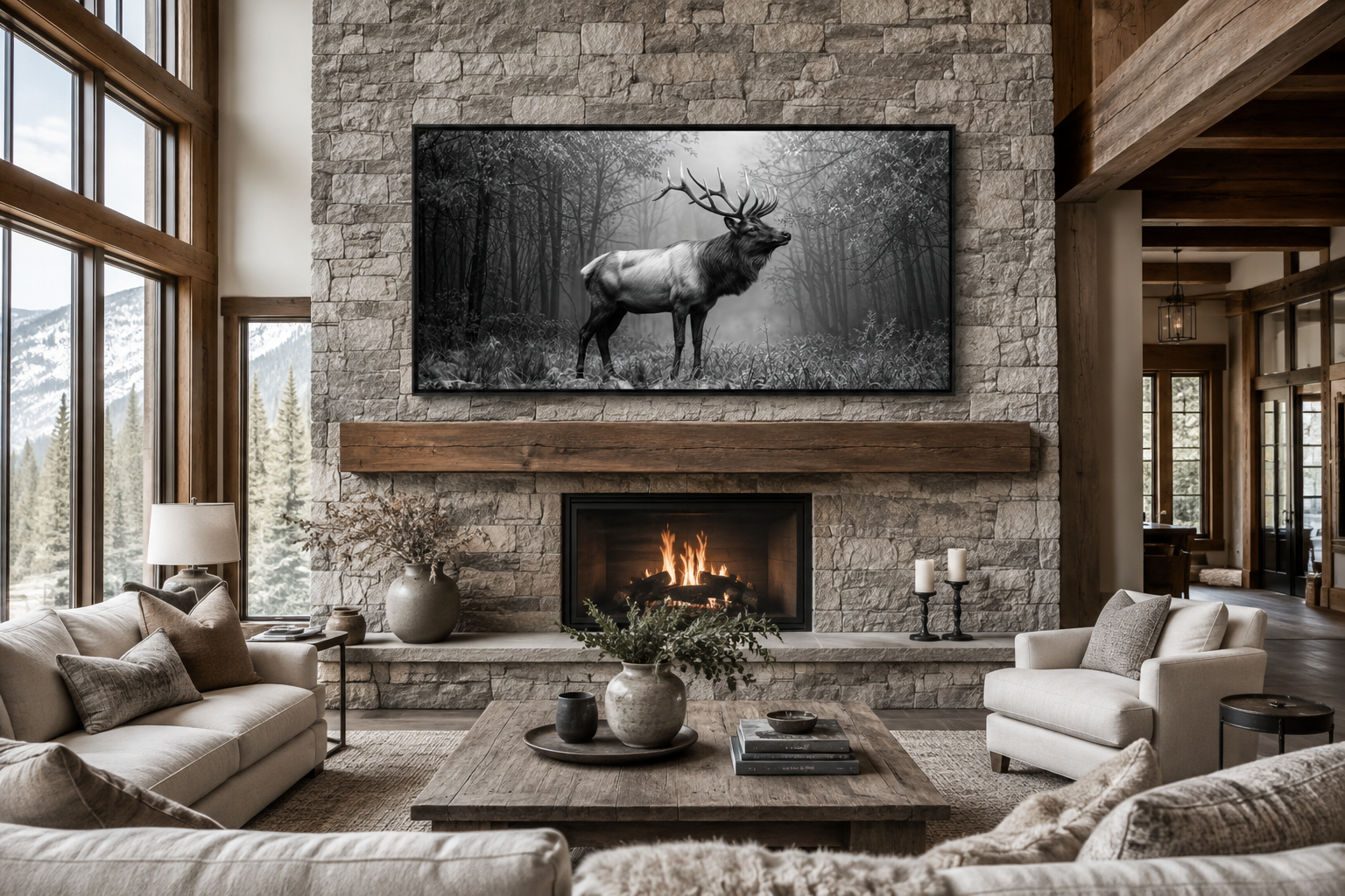 Elk Stag In The Forest Black White Photography Framed Canvas Wall Art