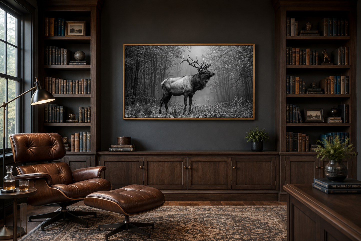 Elk Stag In The Forest Black White Photography Framed Canvas Wall Art