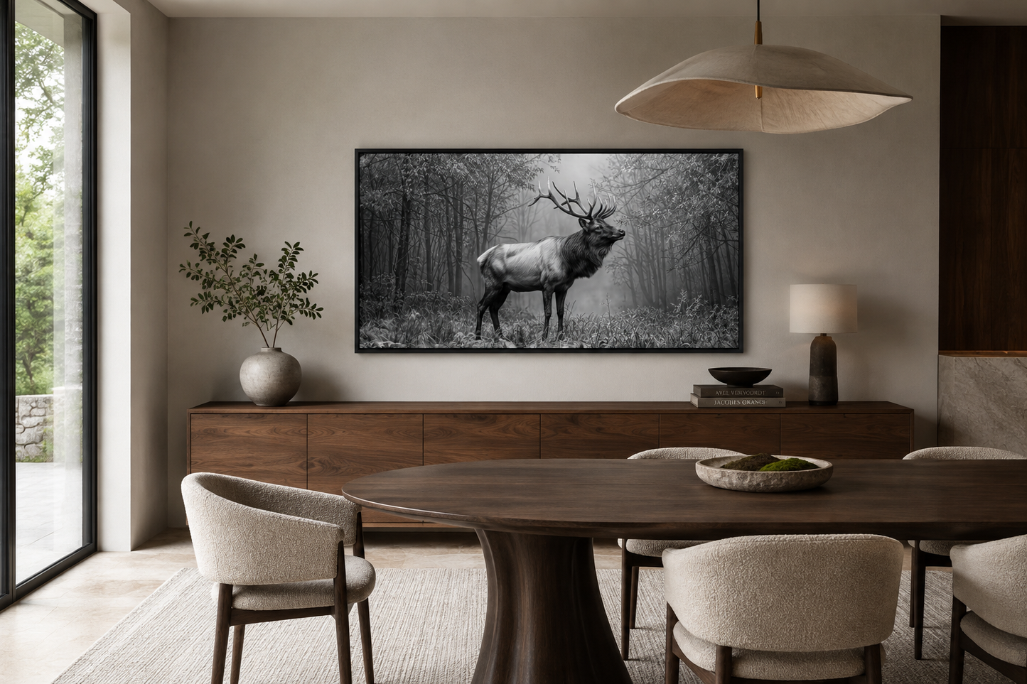 Elk Stag In The Forest Black White Photography Framed Canvas Wall Art