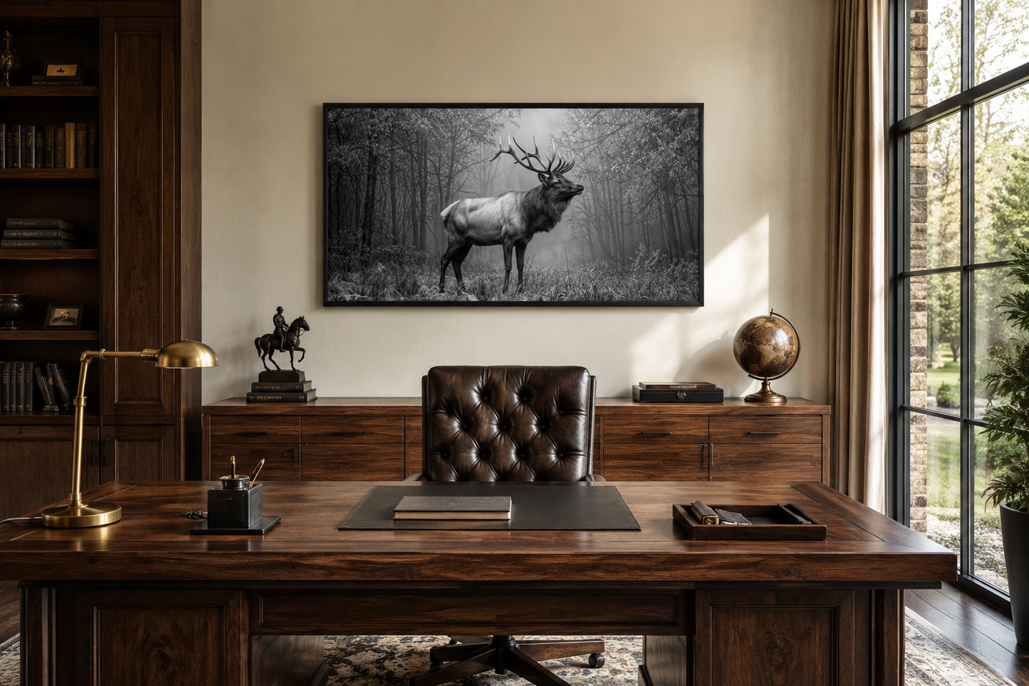 Elk Stag In The Forest Black White Photography Framed Canvas Wall Art