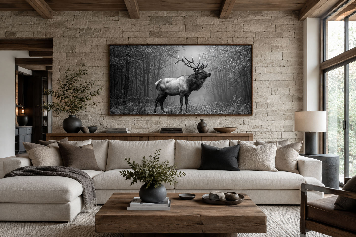 Elk Stag In The Forest Black White Photography Framed Canvas Wall Art